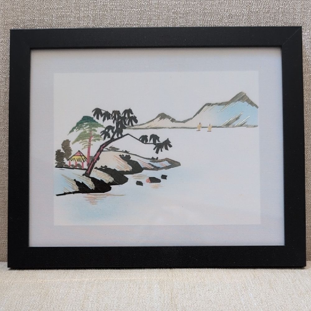 Framed Serene Coastal Scene Hand Cut Wheat Stalk Art on Silk